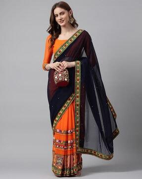 kavindi women's georgette half & half embroidred orange and navy blue color saree half-and-half saree