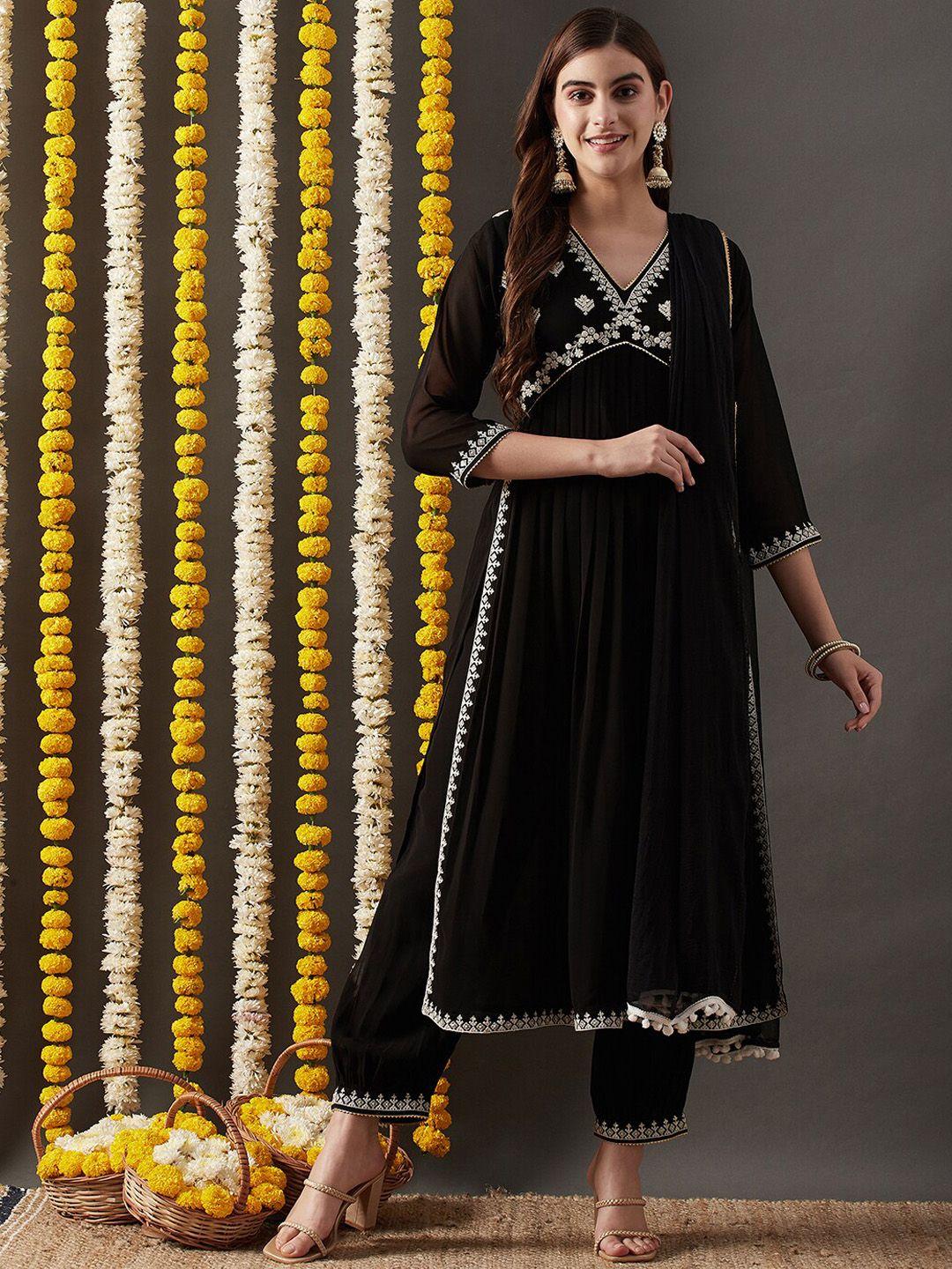 kavindi women embroidered pleated thread work kurta with trousers & with dupatta