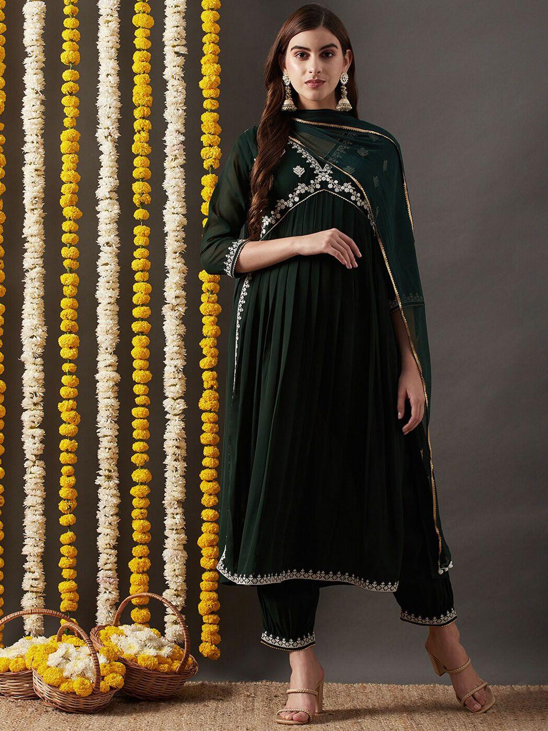 kavindi women ethnic motifs embroidered pleated thread work kurta with trousers & with dupatta