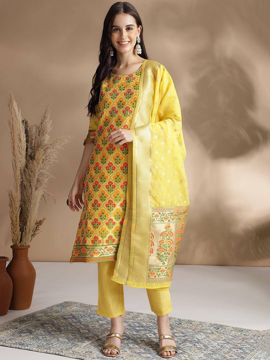 kavindi women ethnic motifs regular chanderi cotton kurta with trousers & with dupatta