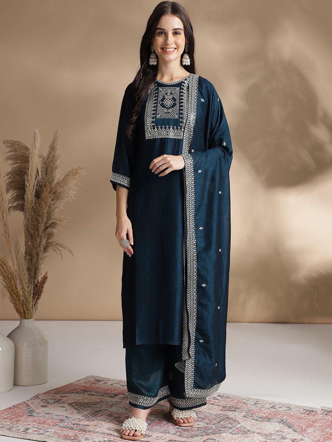 kavindi women floral embroidered regular pure silk kurta with trousers & with dupatta