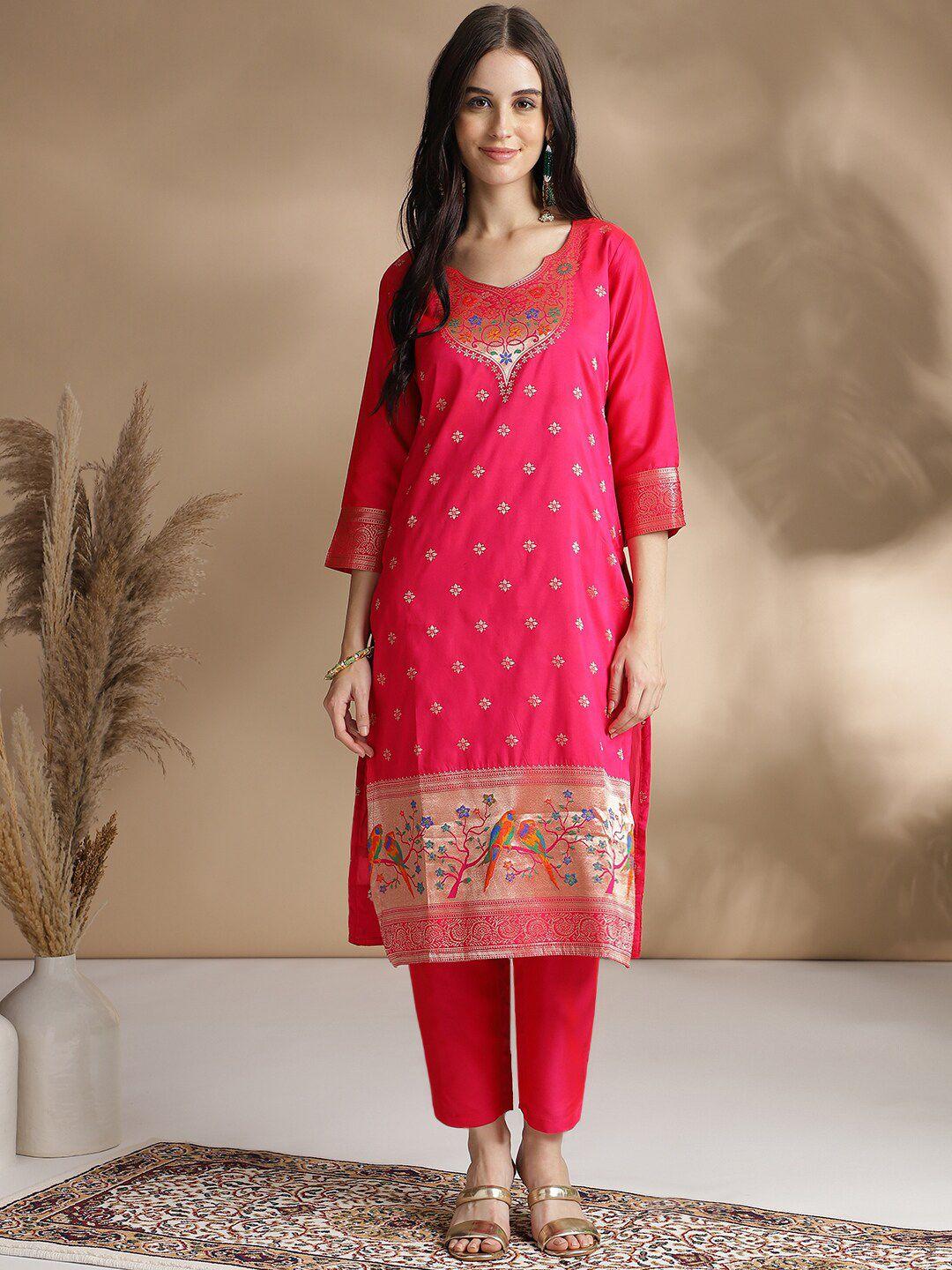 kavindi women floral regular chanderi cotton kurta with trousers