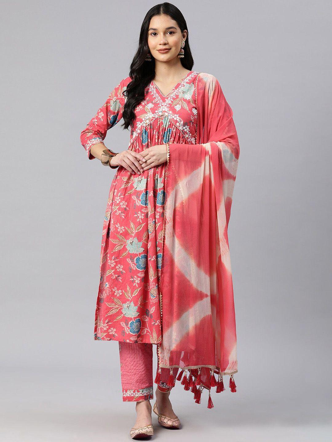 kavindi women printed empire thread work pure cotton kurta with trousers & with dupatta