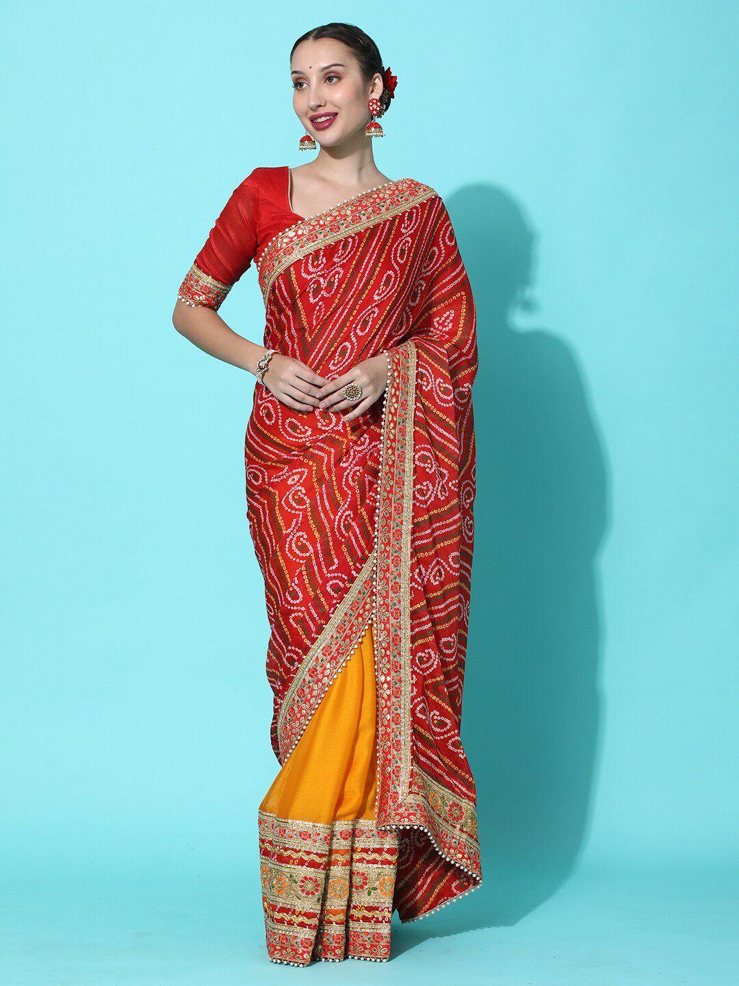 kavindi yellow & red bandhani embroidered pure chiffon half and half bandhani saree