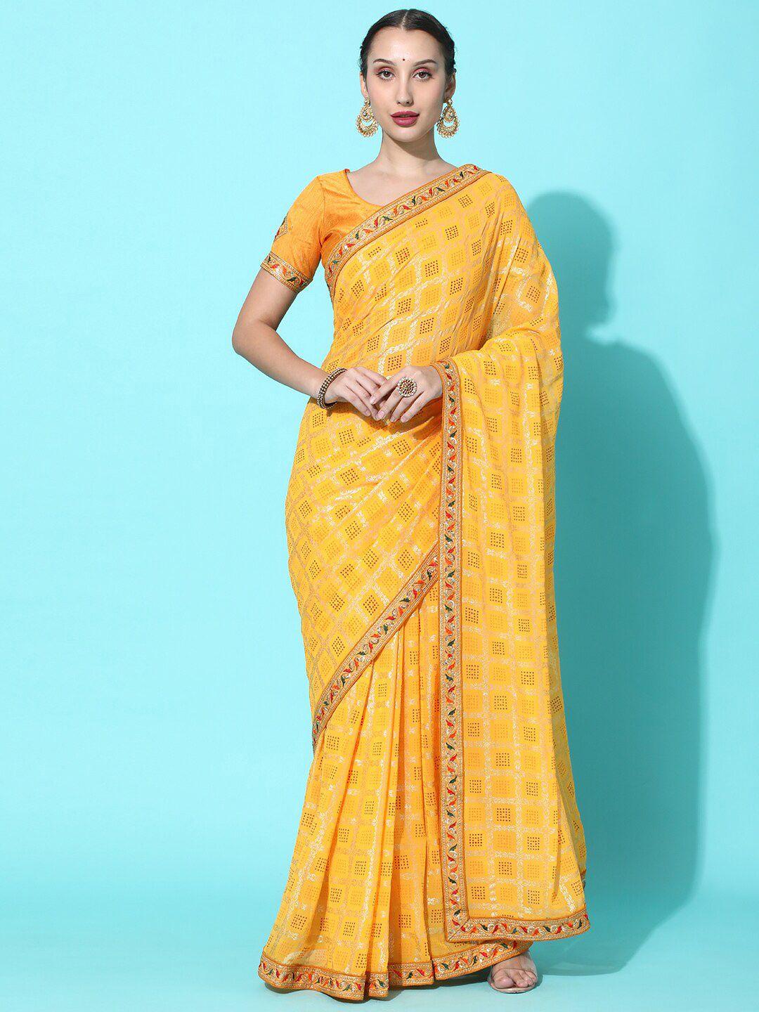 kavindi yellow & white bandhani embroidered pure georgette bandhani saree