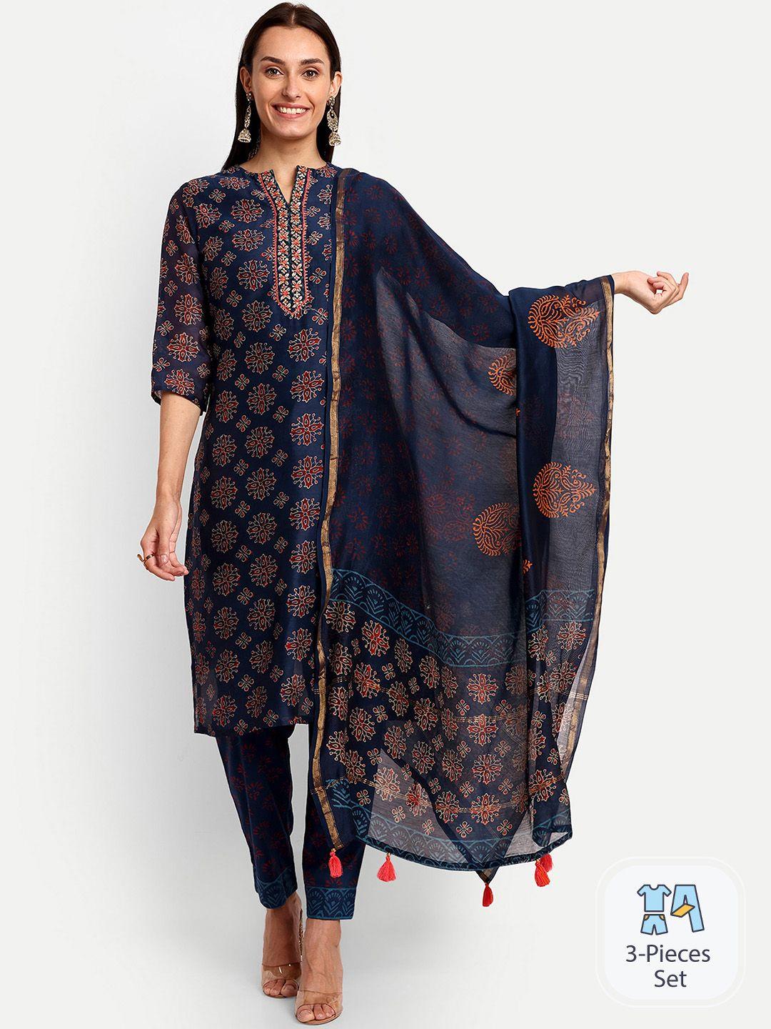 kavita gupta ethnic motifs printed chanderi cotton kurta with trousers & dupatta