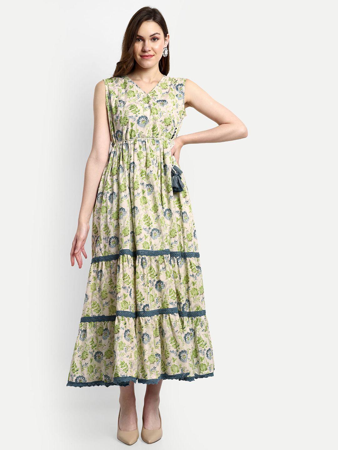 kavita gupta green floral printed tired fit & flare midi dress