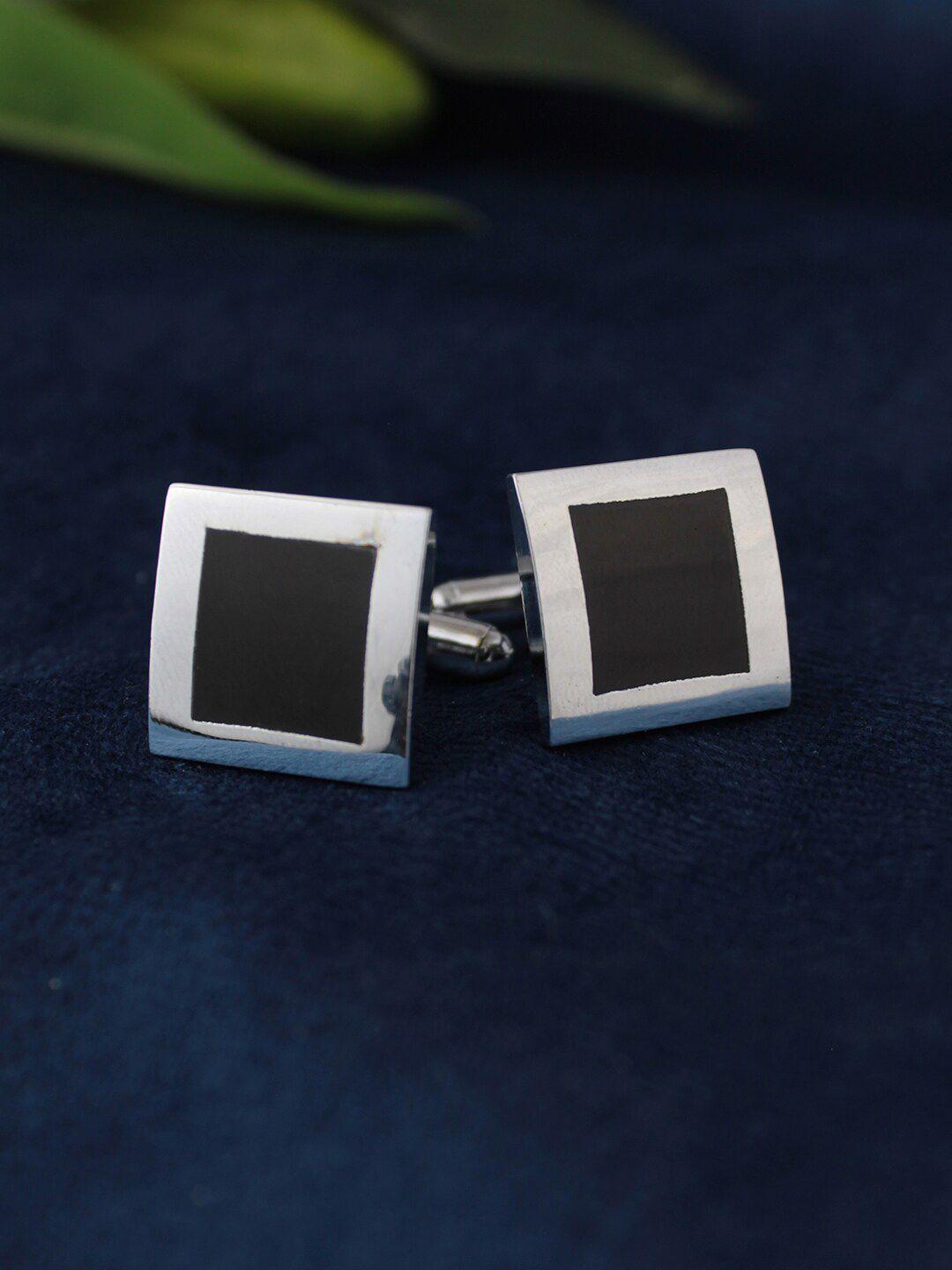 kavove men black & silver-toned square shape cufflink