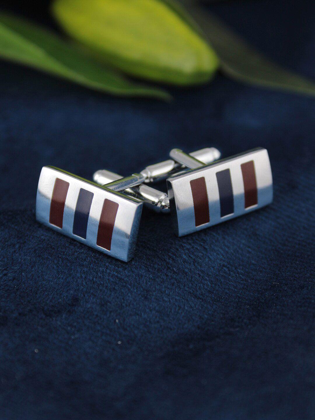 kavove silver-toned & maroon rectangle shape cufflink