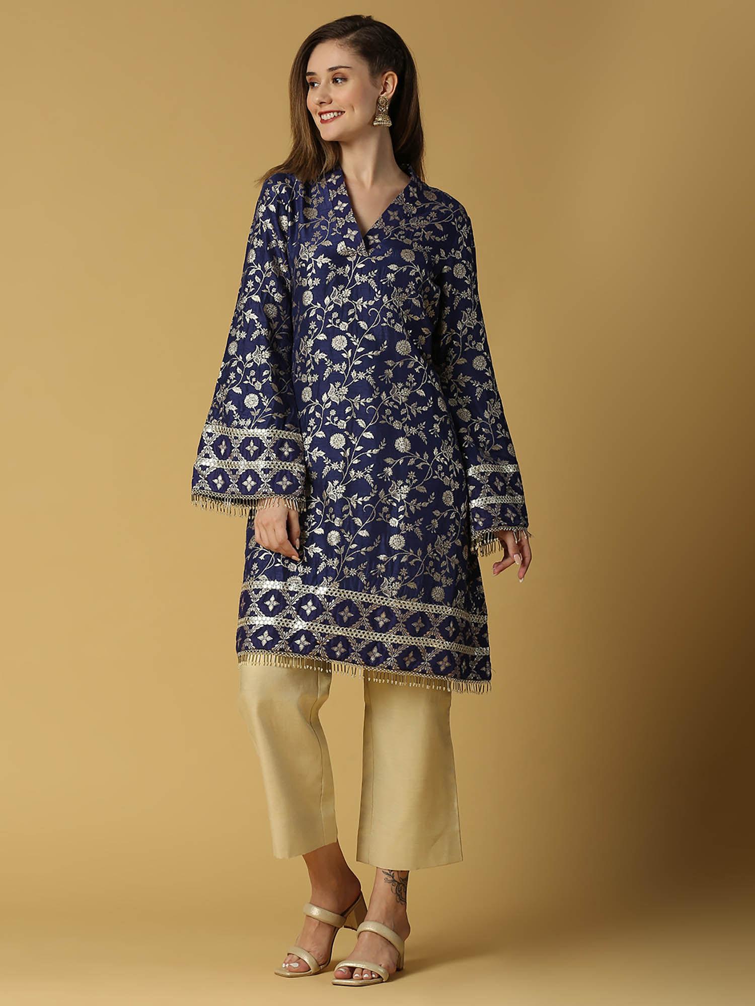 kavya-pakistani kurta with gold pant-deep blue (set of 2)