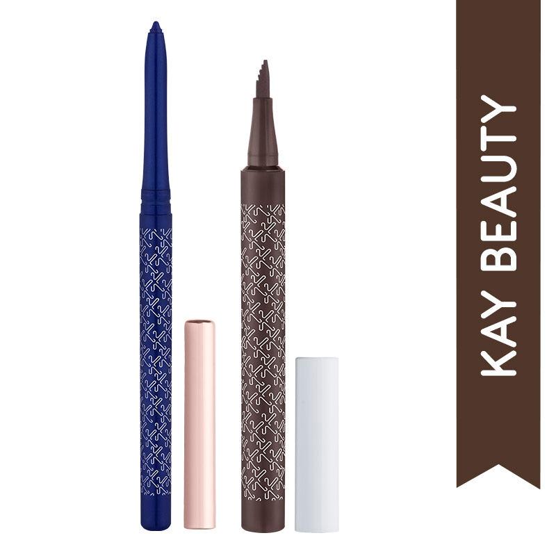 kay beauty 24hr coloured matte kajal - blue & microblading brow pen combo