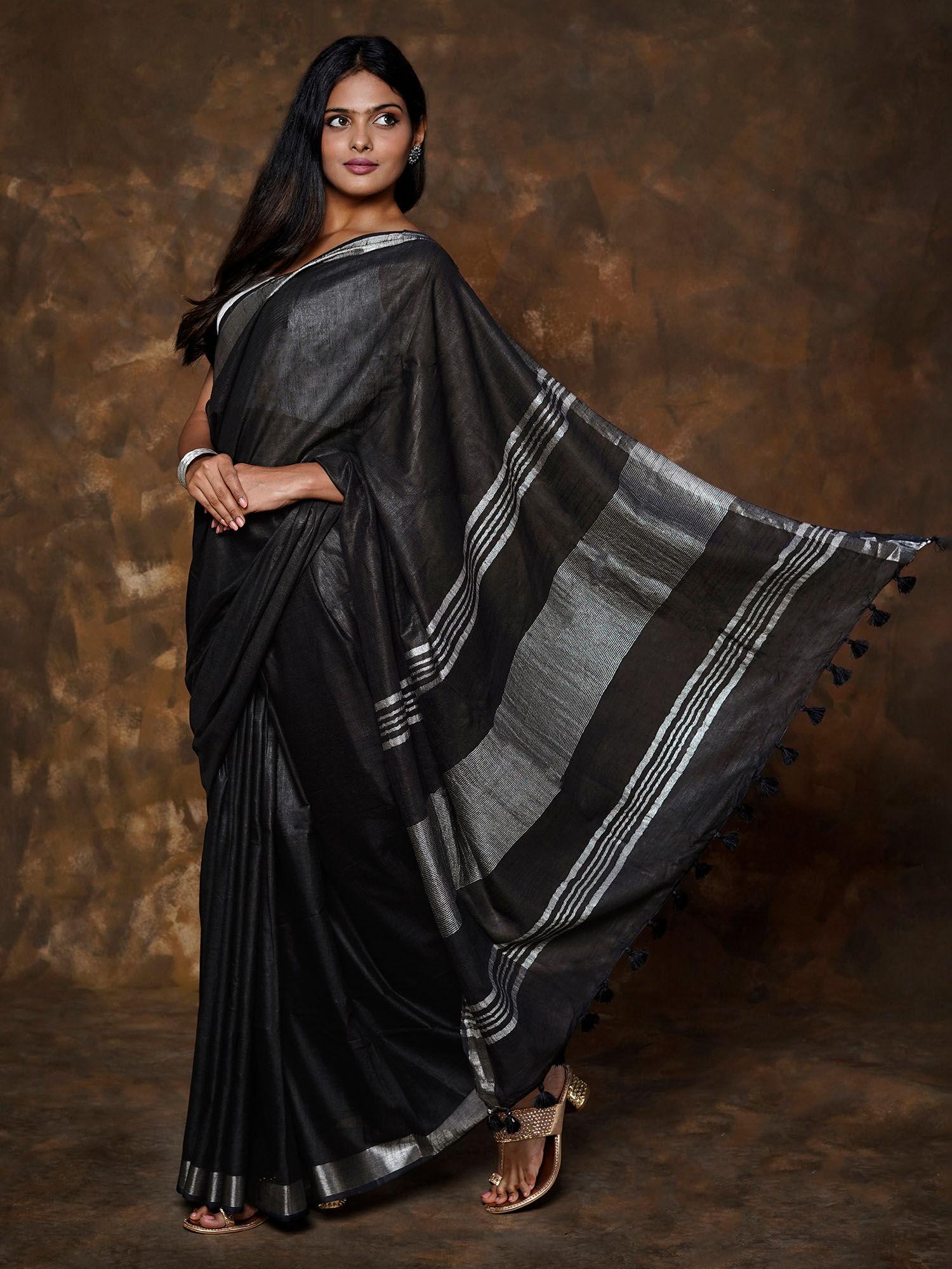 kaya black linen saree with unstitched blouse