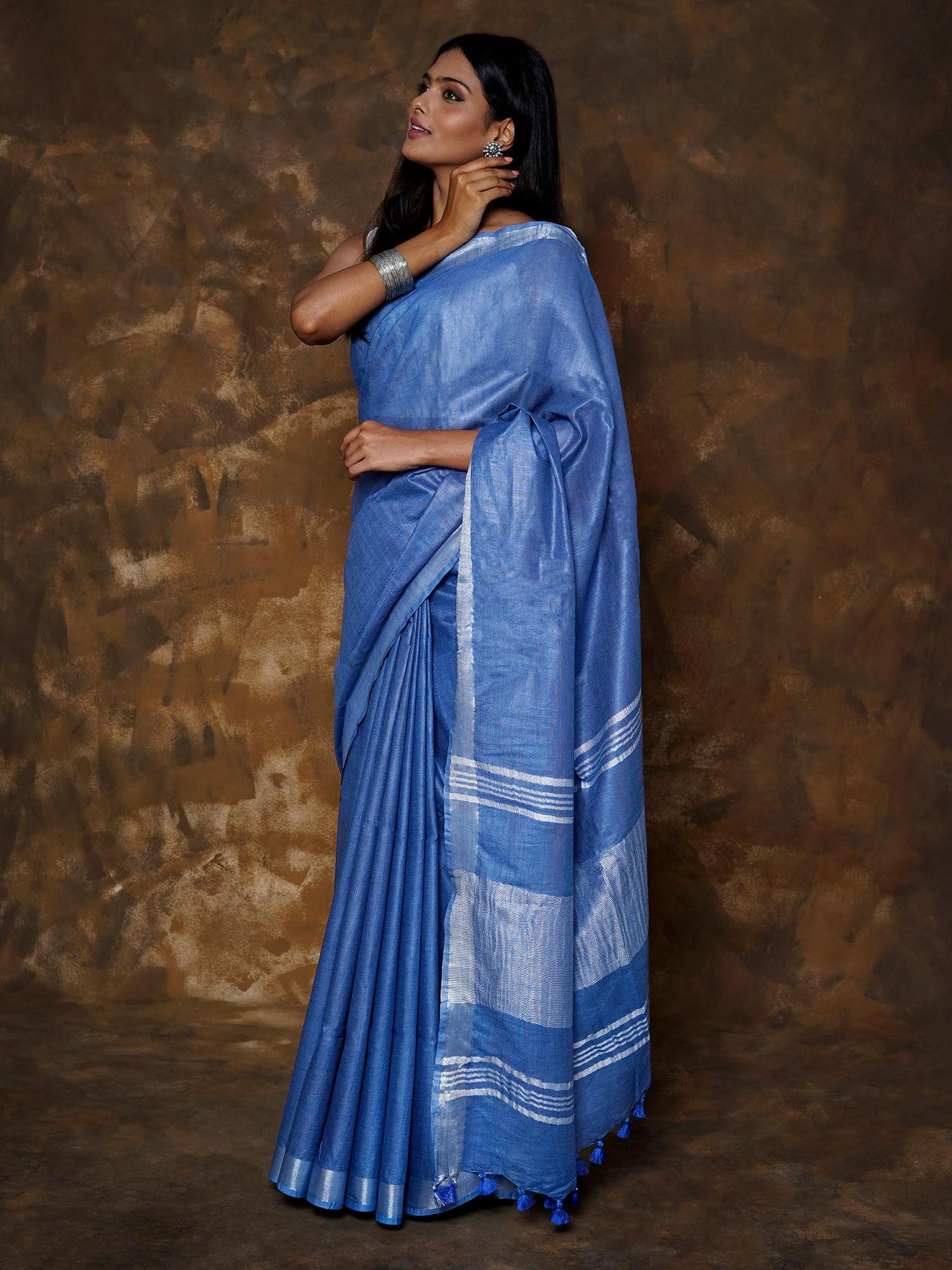 kaya blue linen saree with unstitched blouse