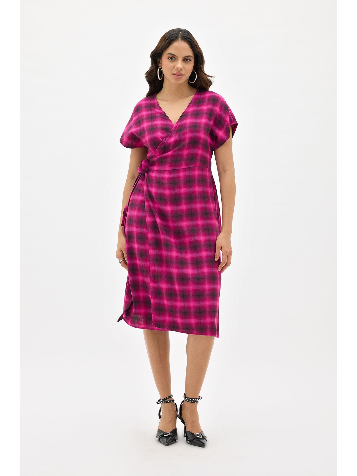 kaya checked cotton wrap dress