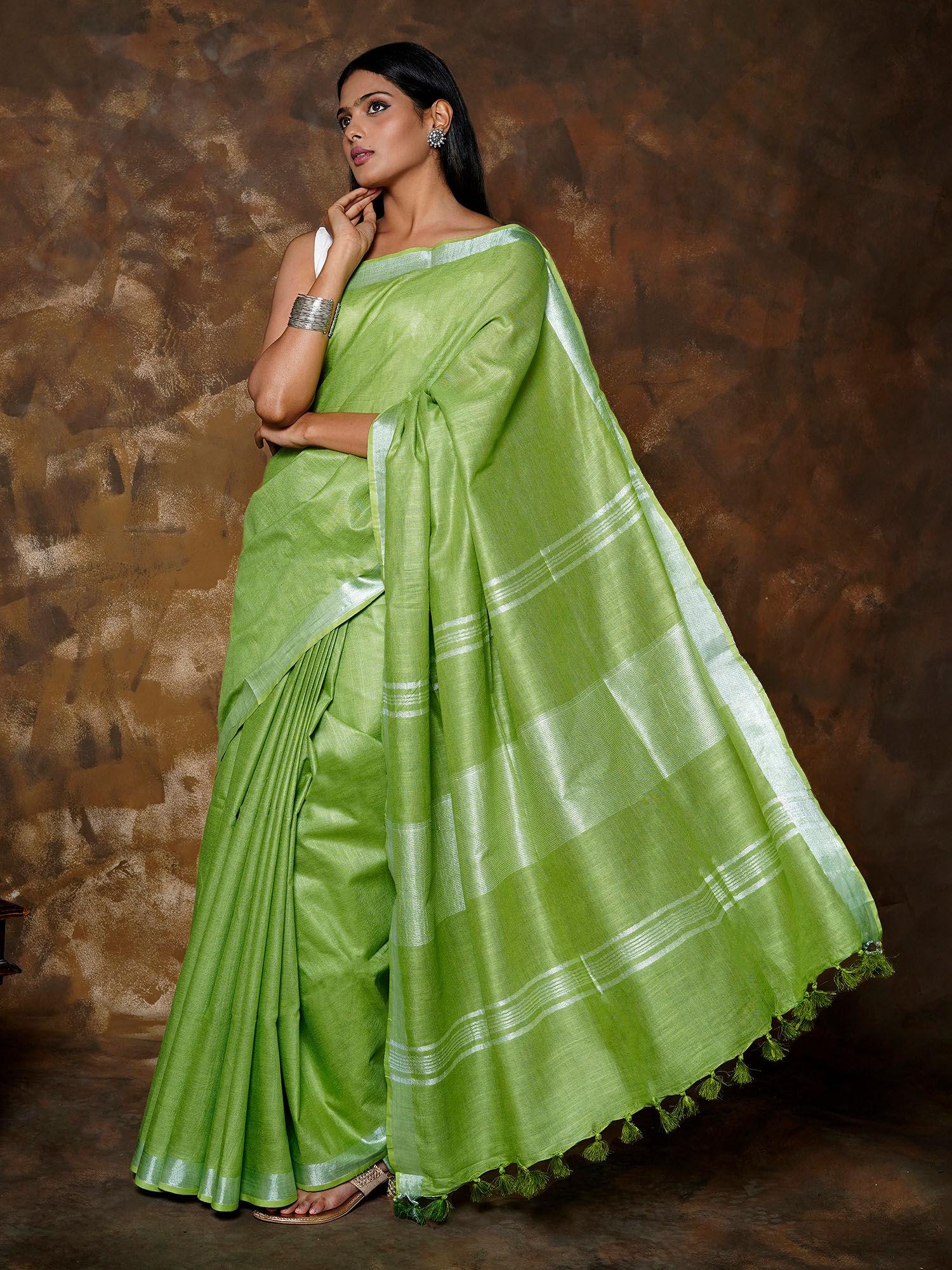 kaya light green linen saree with unstitched blouse