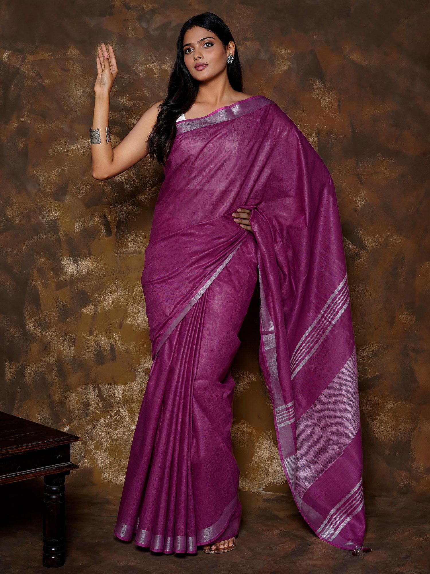 kaya purple linen saree with unstitched blouse