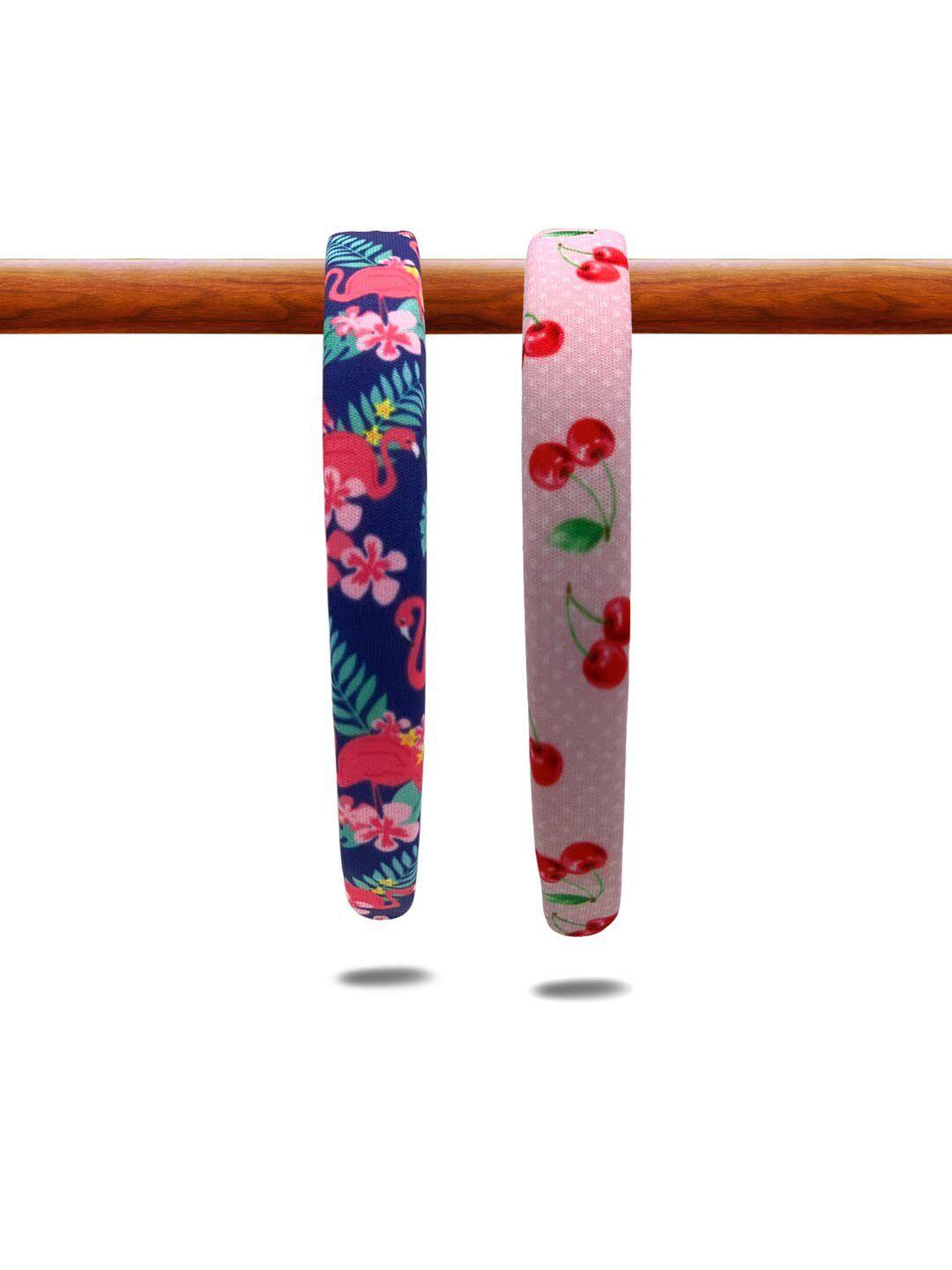 kazarmax girls pink & red set of 2  cherry and flamingo printed hairband