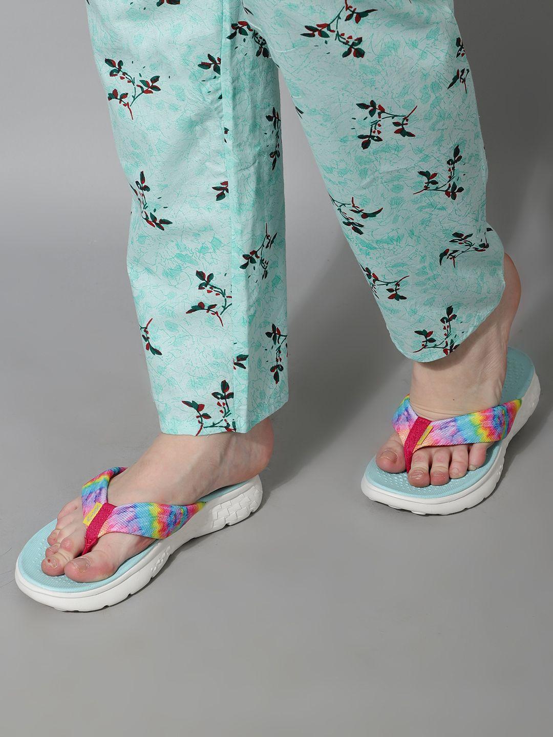 kazarmax women turquoise blue & pink printed thong flip-flops