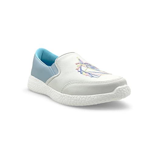 kazarmax women white blue unicorn embroidered slipon sneakers - 5 uk