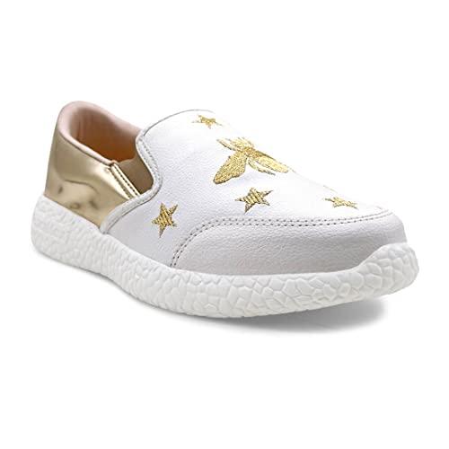 kazarmax women white gold embroidered slip-on sneakers shoes - 3 uk