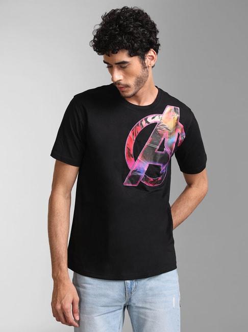 kazo black regular fit printed crew t-shirt
