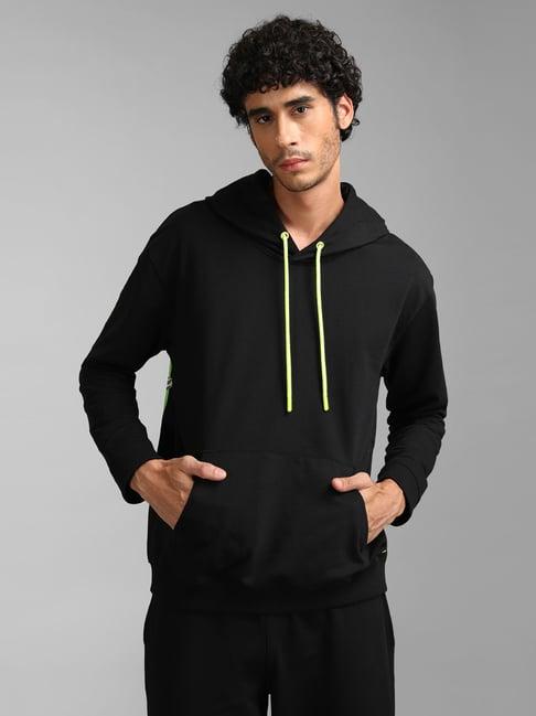kazo black regular fit printed hooded sweatshirt