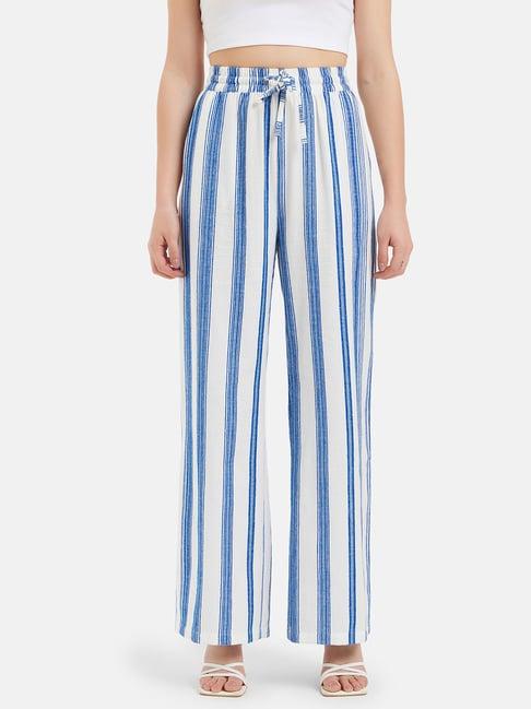 kazo blue & white striped relaxed fit high rise pants