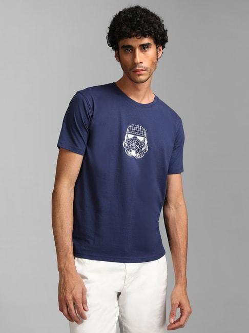 kazo blue regular fit printed crew t-shirt