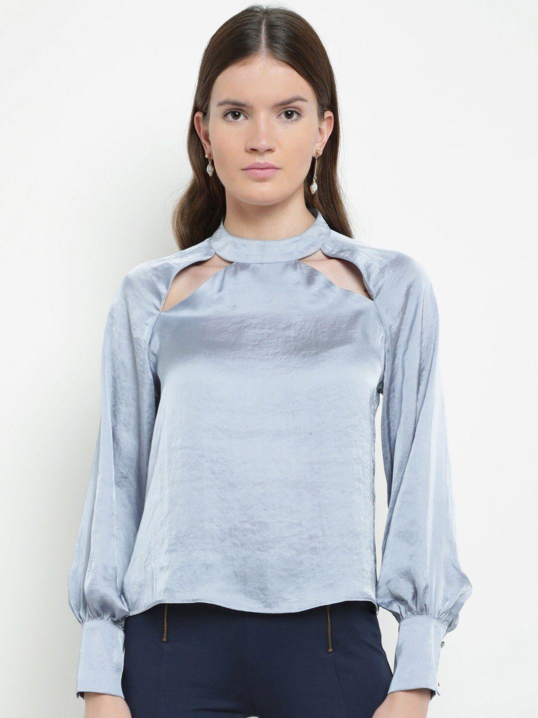 kazo blue satin top with cut out detail