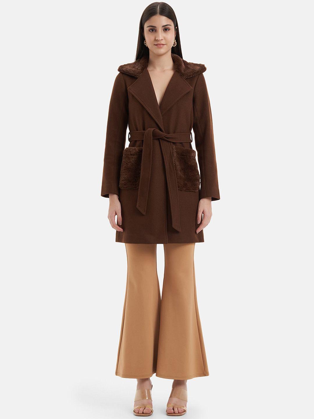 kazo brown single-breasted with faux fur trim overcoat with belt