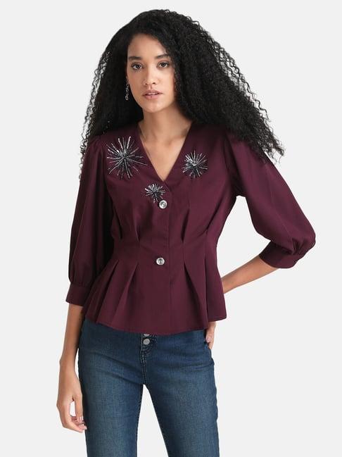 kazo embellished top with pleat detail