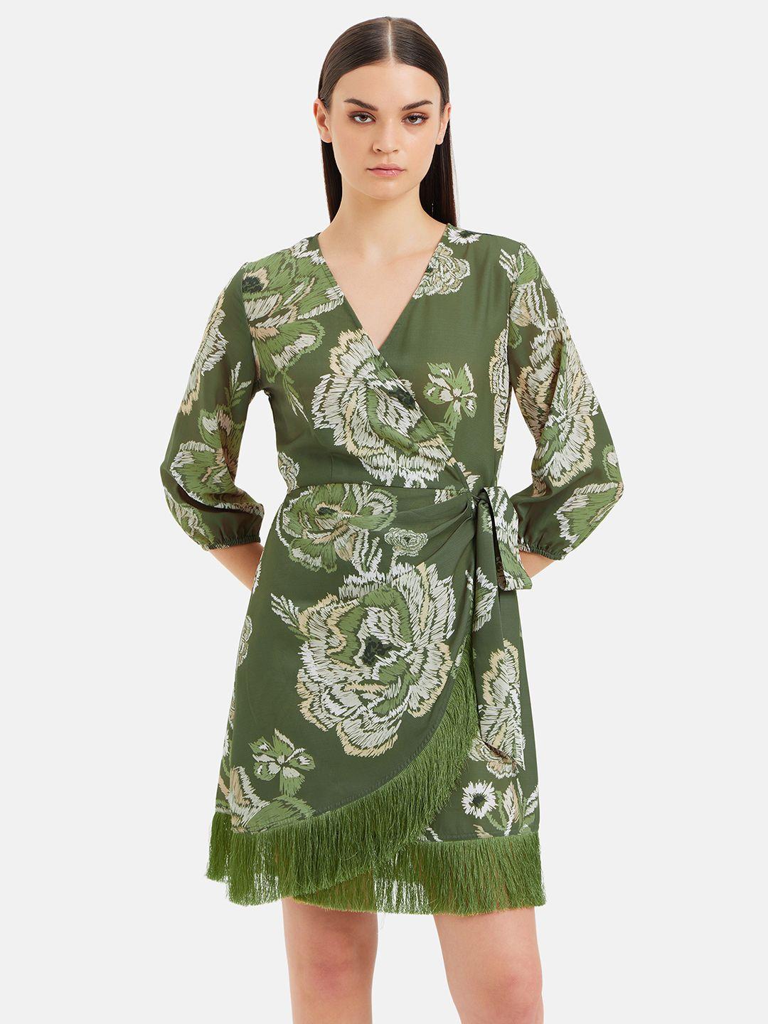 kazo green floral printed wrap mini dress