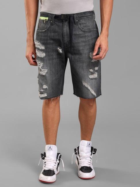 kazo grey regular fit distressed denim shorts