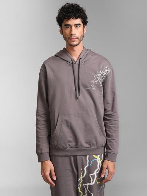 kazo grey regular fit printed hooded sweatshirt
