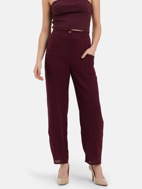 kazo maroon straight fit high rise trousers