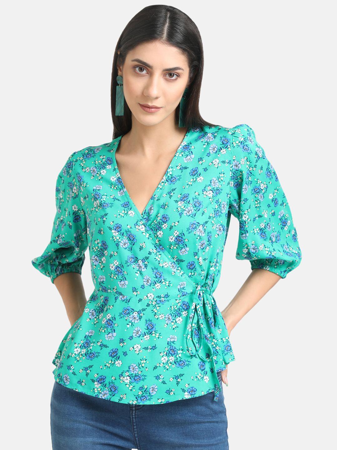 kazo sea green floral print puff sleeves wrap top