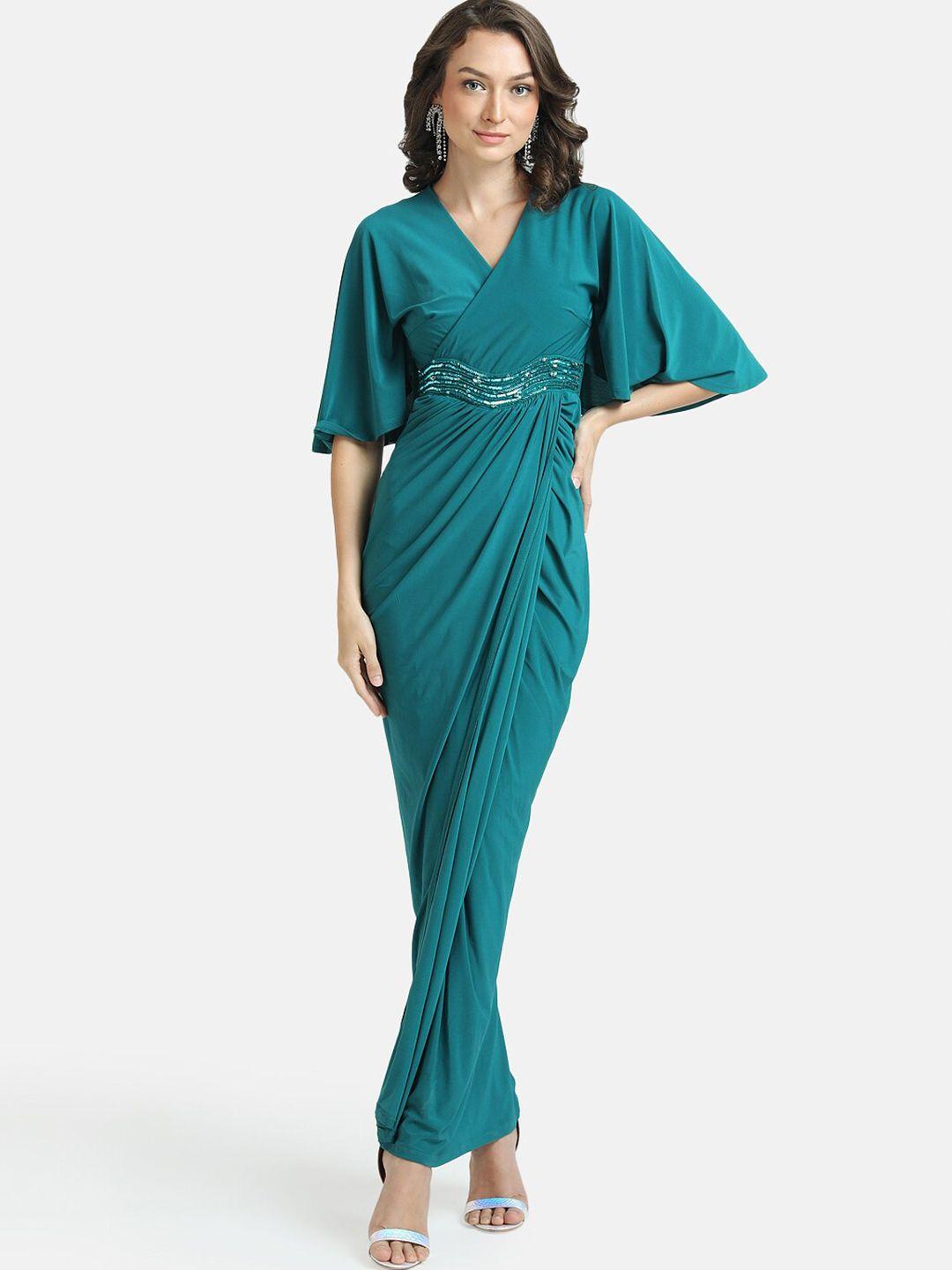 kazo teal green embellished extended sleeves maxi dress