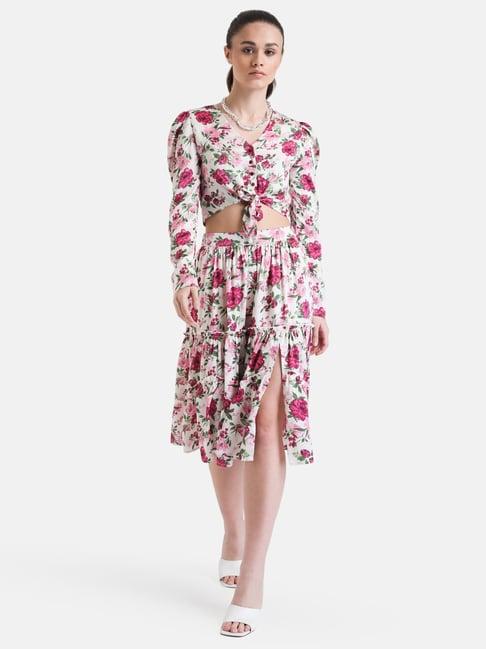kazo white & pink floral print midi skirt