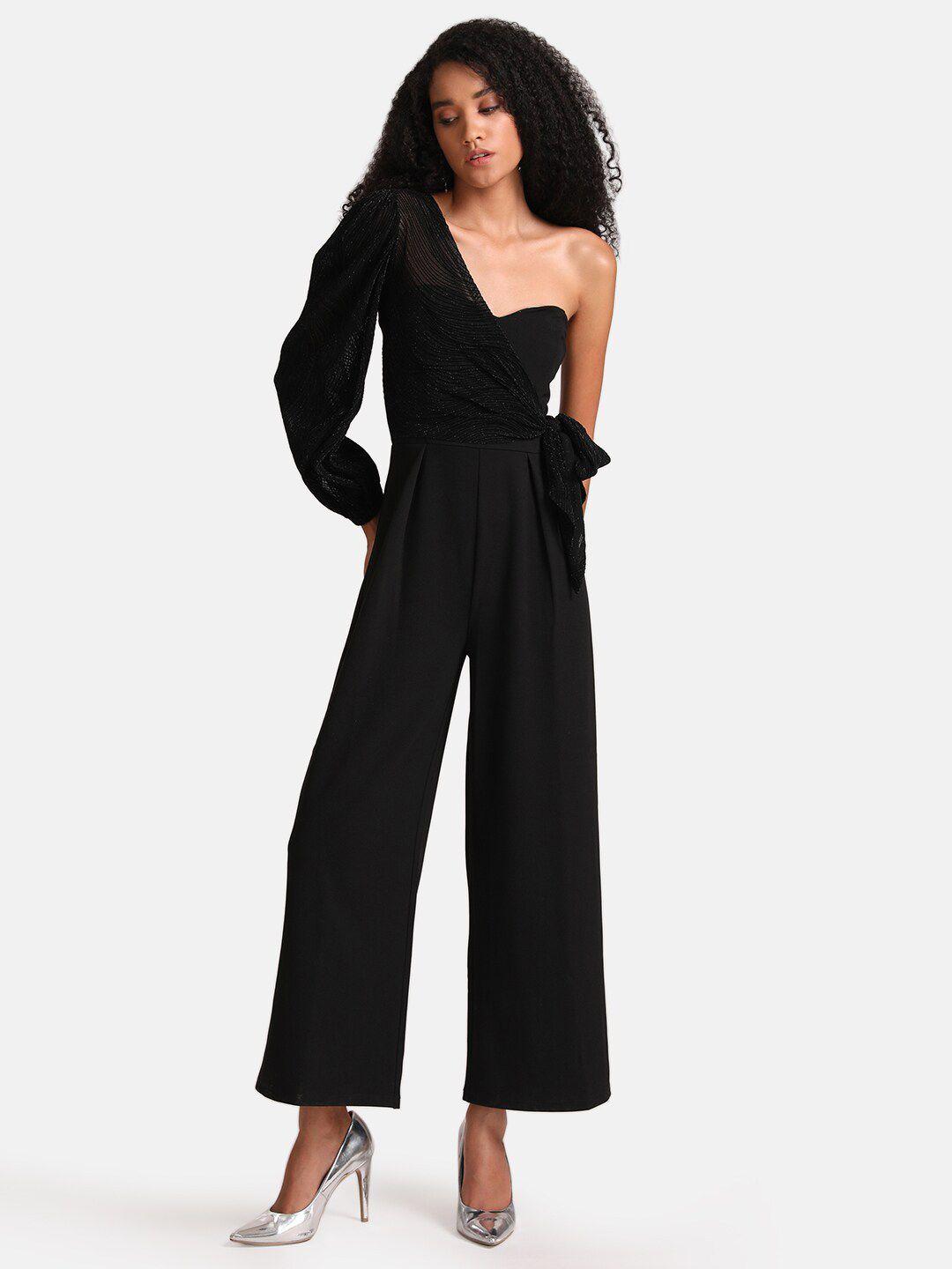 kazo women black solid polyester one side basic jumpsuit