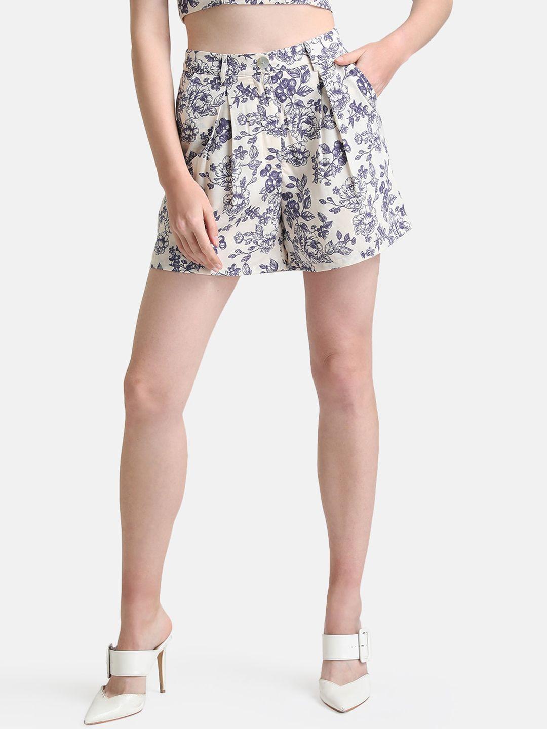 kazo women blue & white floral printed high-rise shorts