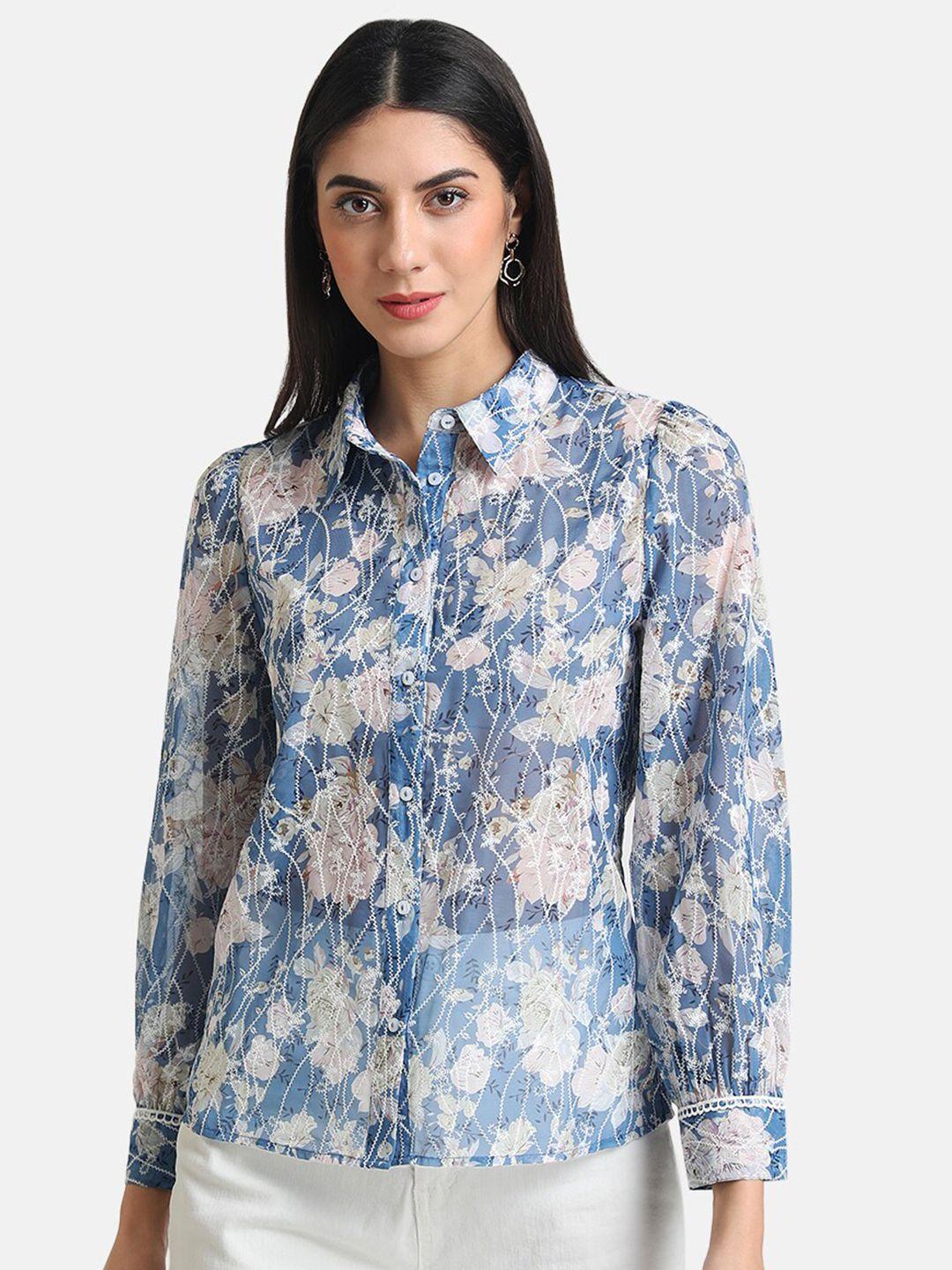kazo women blue floral printed casual shirt