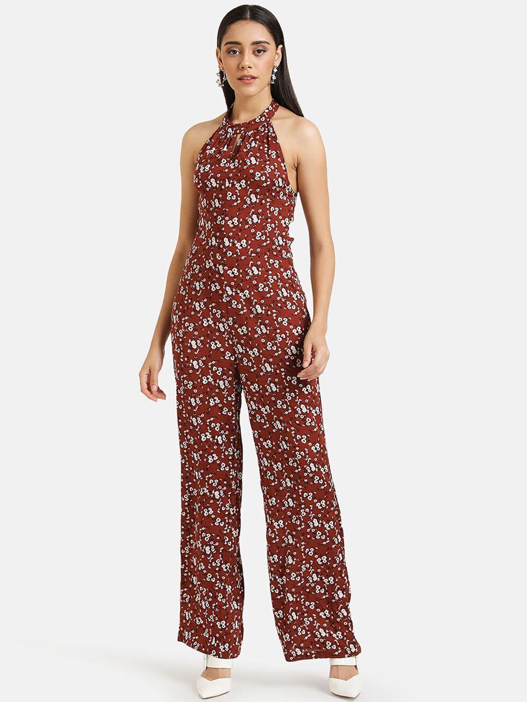 kazo women brown & off-white floral printed basic jumpsuit