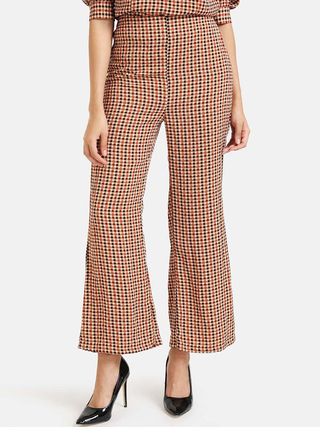 kazo women brown & red loose fit checked bootcut trousers