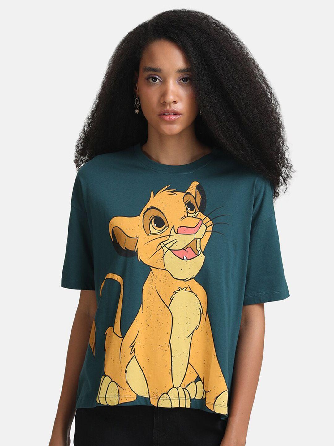 kazo women green & yellow printed drop-shoulder sleeves lion king oversized t-shirt