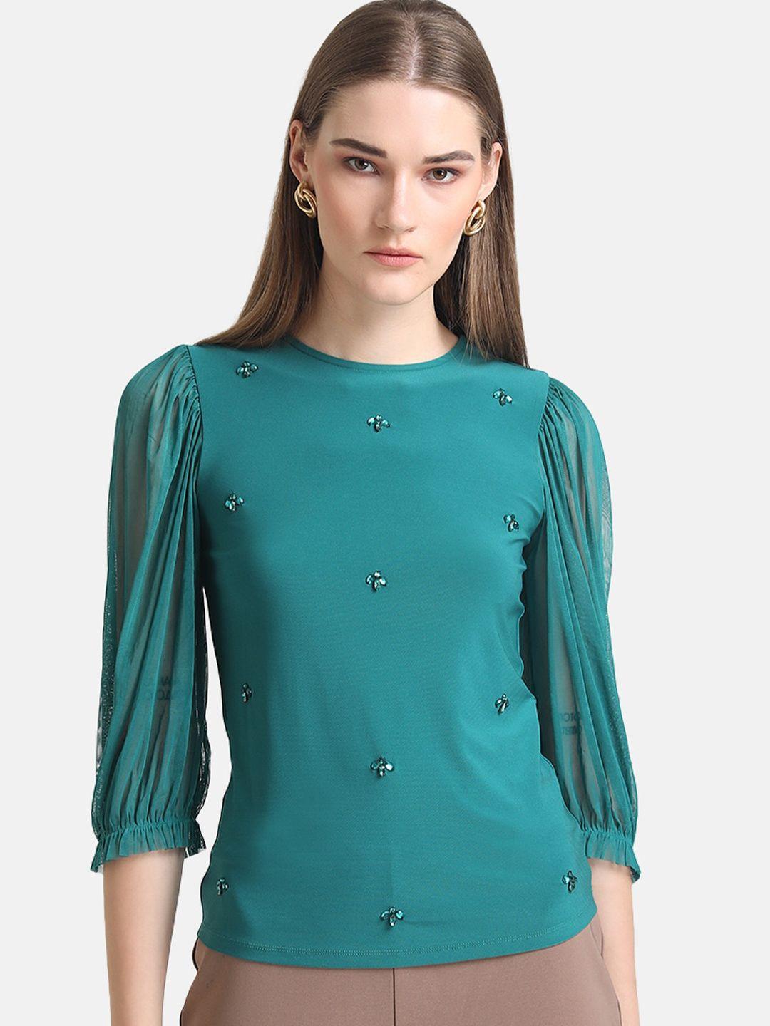 kazo women green embellished top with mesh puff sleeves