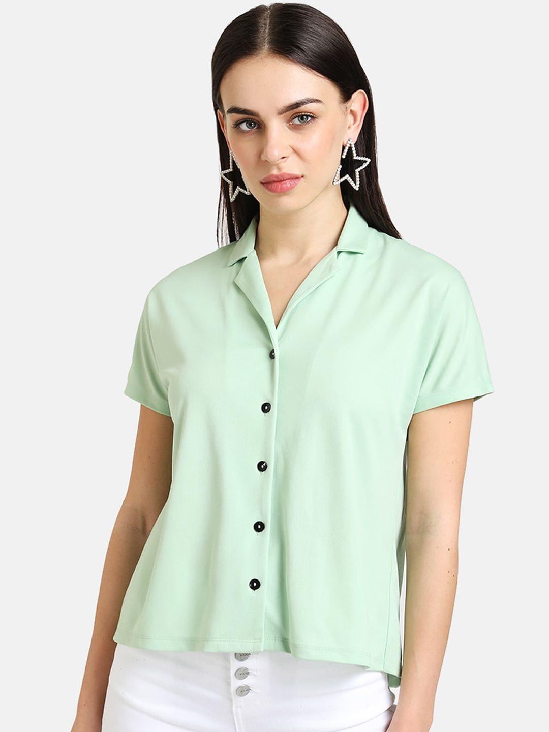 kazo women green regular fit solid casual shirt