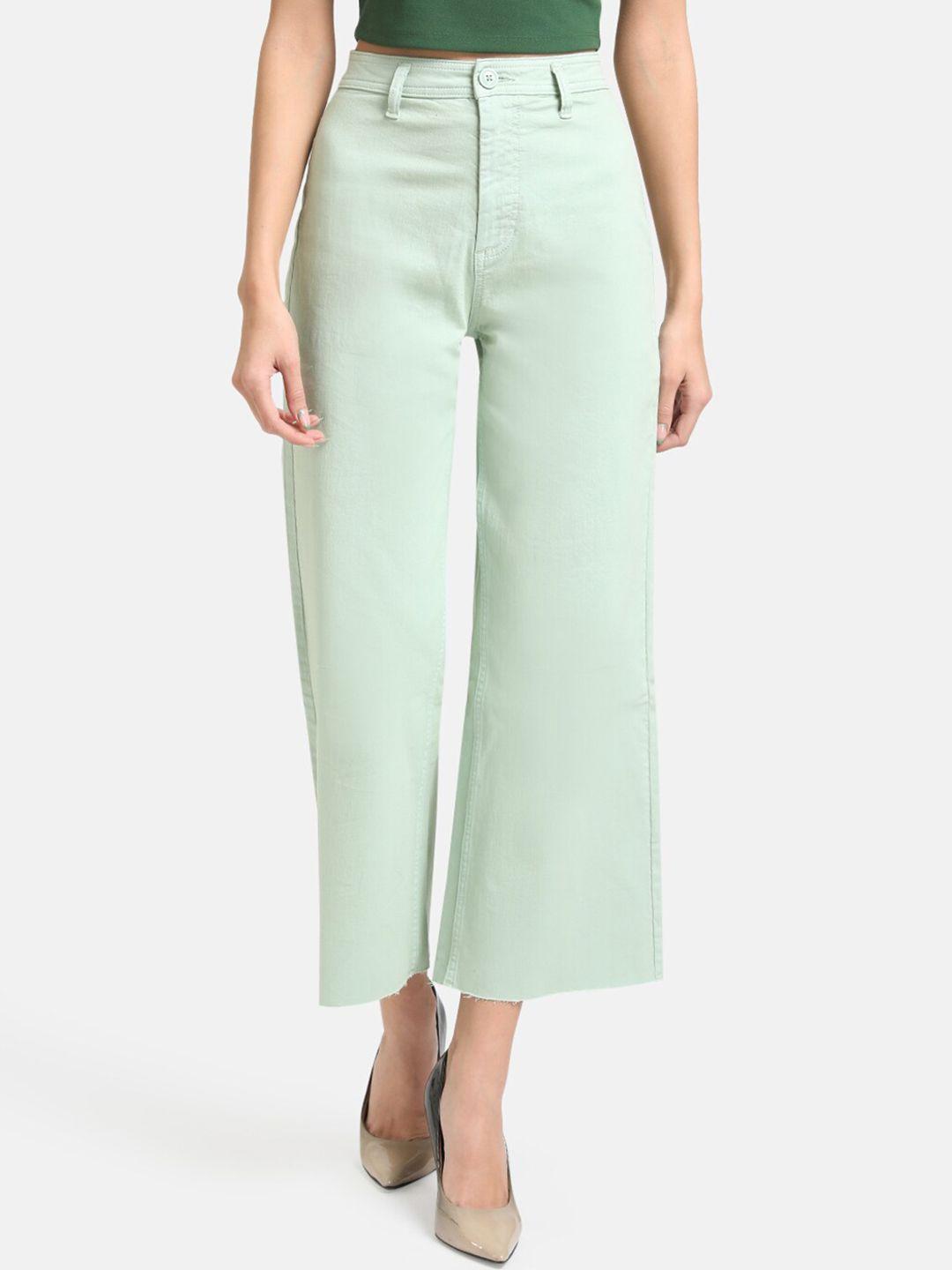 kazo women mint green relaxed fit high-rise stretchable frayed hem cropped jeans