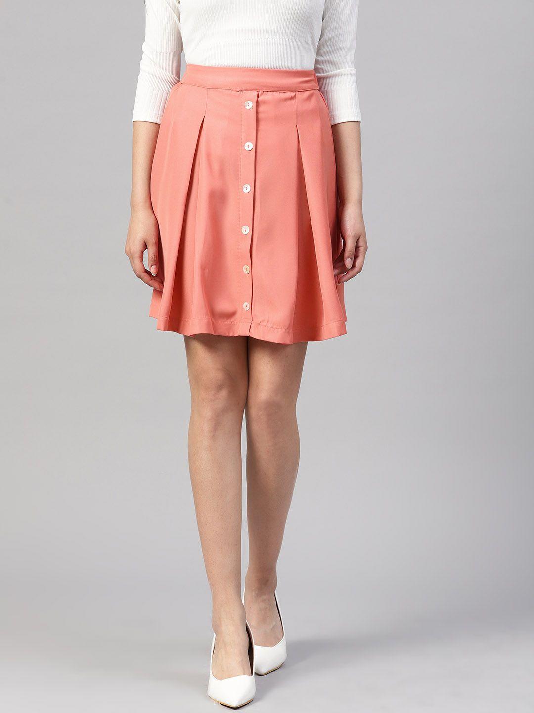 kazo women peach-coloured solid pleated a-line skirt