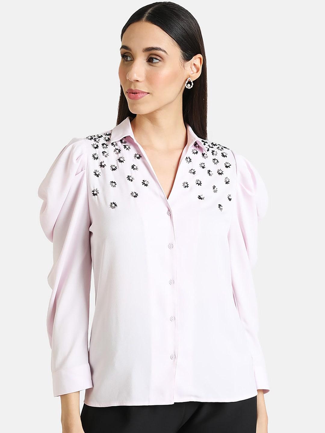 kazo women pink regular fit solid casual shirt
