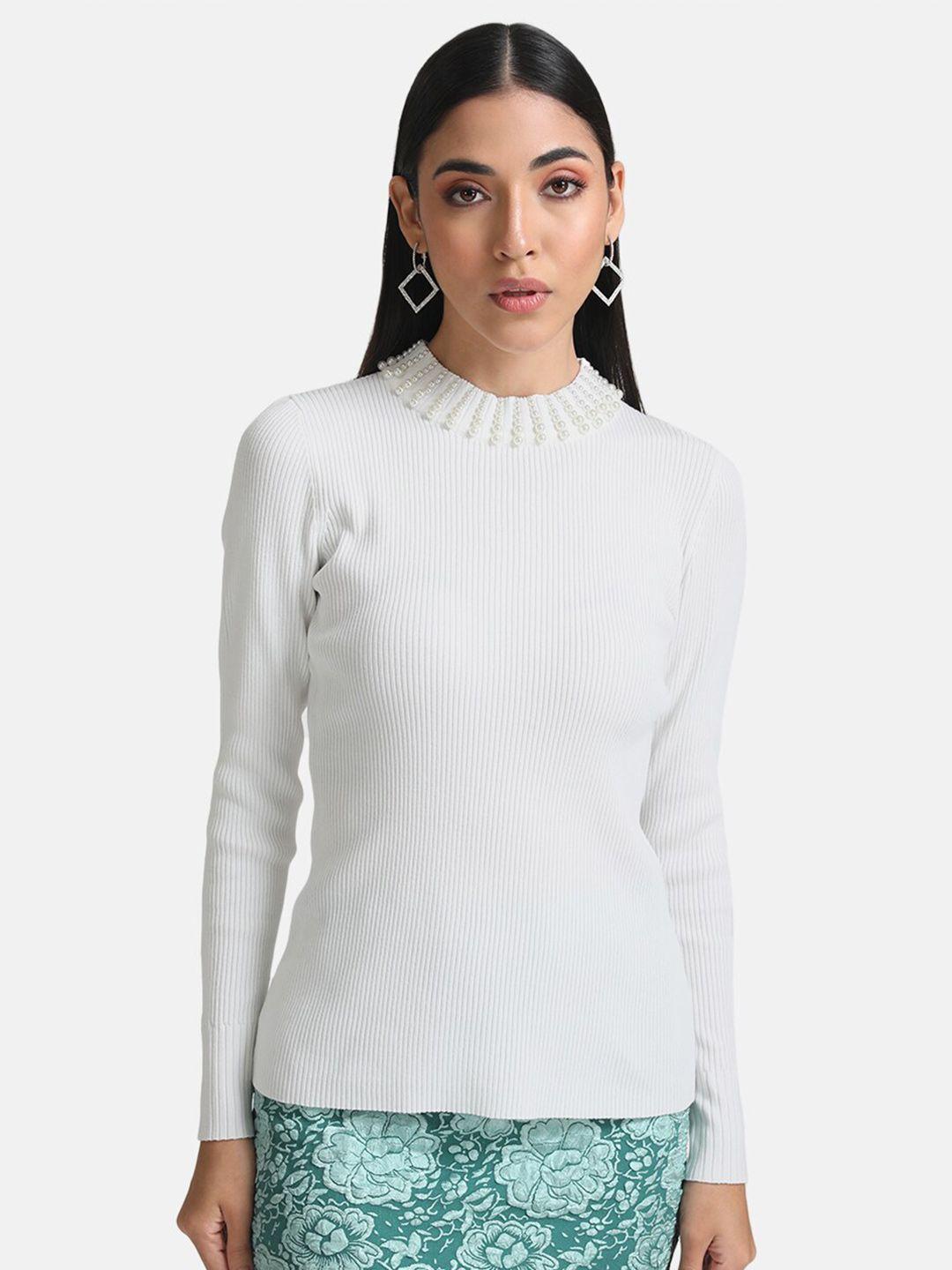 kazo women white ribbed pullover with embellished detail